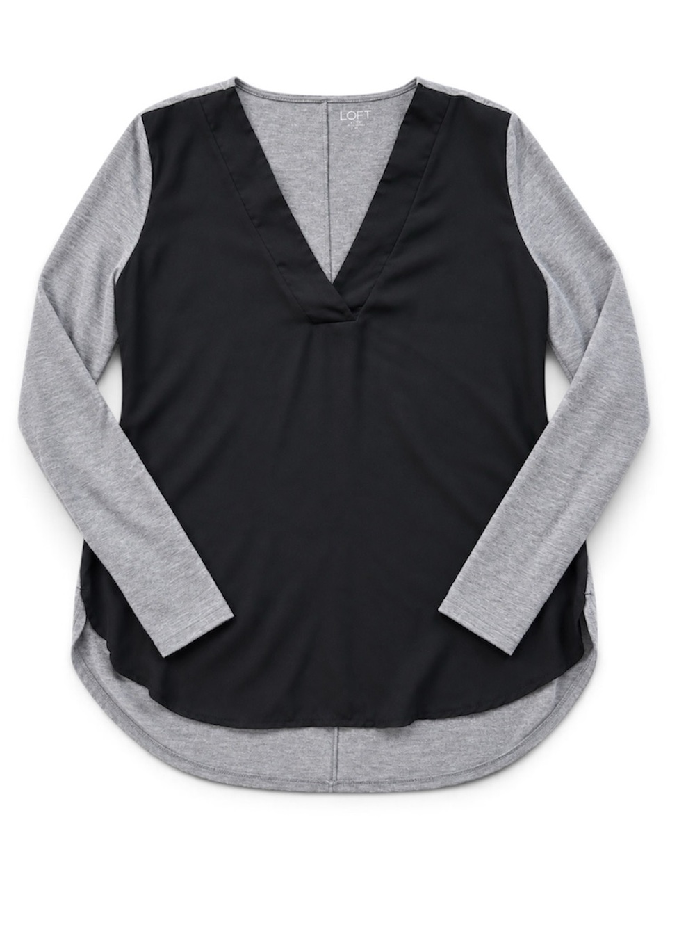 LOFT womens mixed-media long-sleeve topFront Layer V-Neck Top with Gray Sleeves